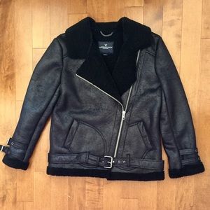 American Eagle Faux Sherling Black Biker Jacket